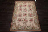 6x9 Ivory, Teal, Brown Color Hand Woven French Needlepoint Wool Traditional Oriental Rug